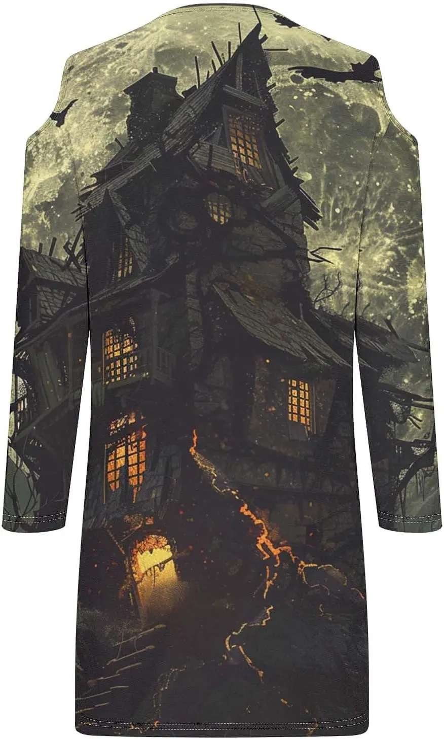 Trendy Halloween Prints Short Dress Long Sleeve Unique Casual Shift Midi Dress Cold Shoulder Party Graphic Dresses