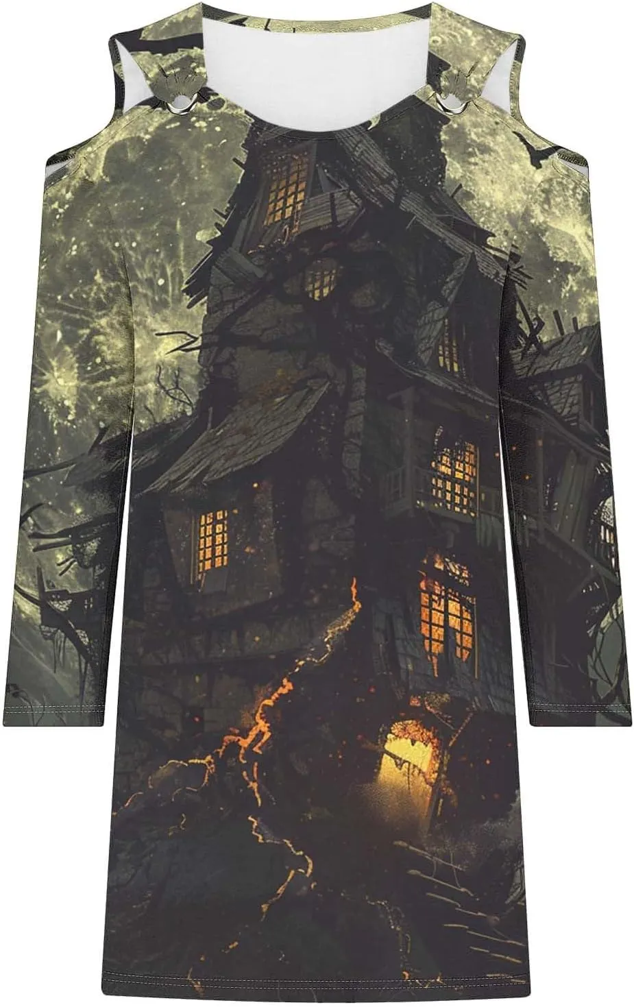 Trendy Halloween Prints Short Dress Long Sleeve Unique Casual Shift Midi Dress Cold Shoulder Party Graphic Dresses