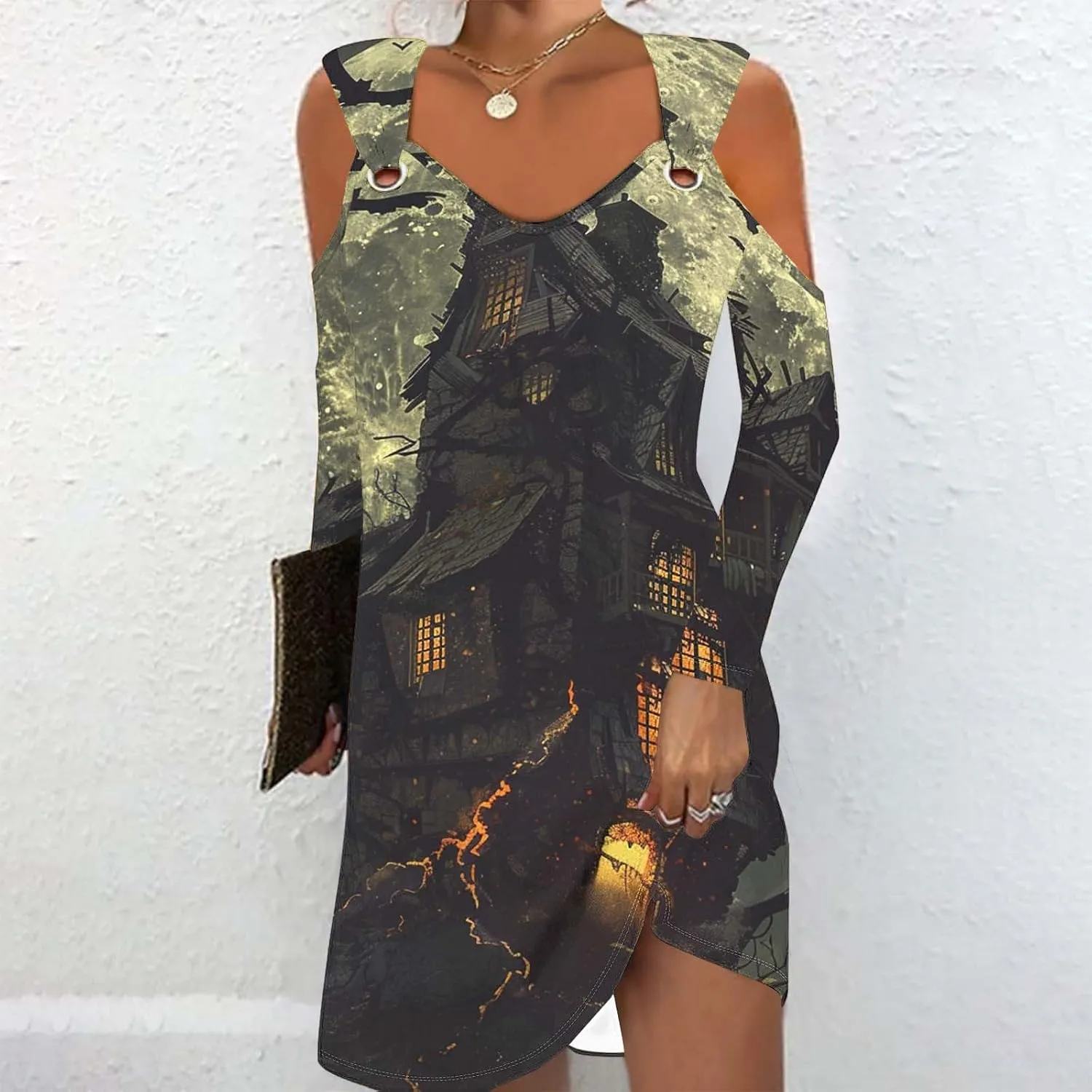Trendy Halloween Prints Short Dress Long Sleeve Unique Casual Shift Midi Dress Cold Shoulder Party Graphic Dresses