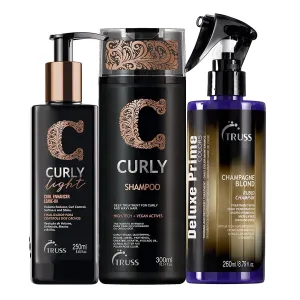 Truss Curly Light Hair Cream Bundle with Curly Shampoo and Deluxe Prime Champagne Blond Hair Toner
