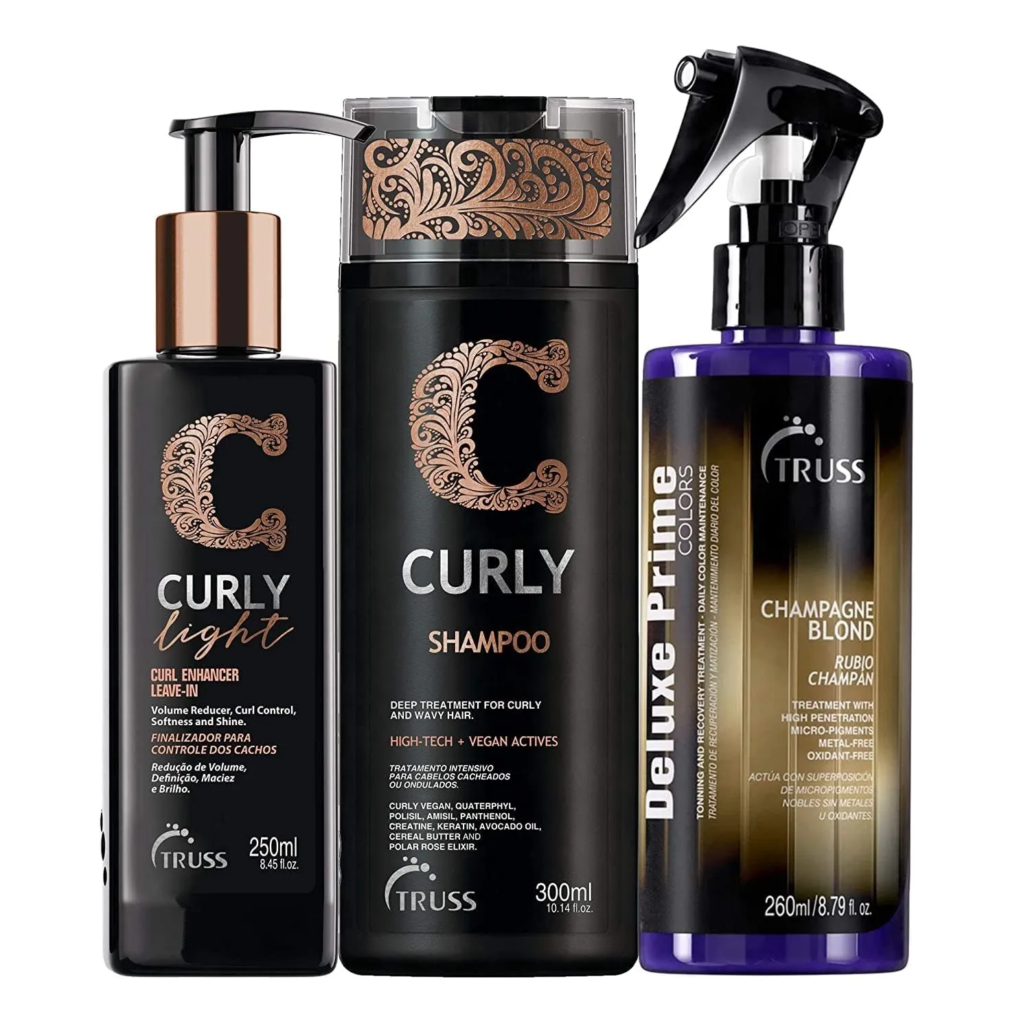 Truss Curly Light Hair Cream Bundle with Curly Shampoo and Deluxe Prime Champagne Blond Hair Toner