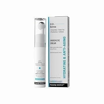 Tubees Under Eye Cream with 2% Revital Eye & Quinoa Extract|Reducing Dark Circles, Puffiness, Wrinkles, Crows Feet|Plant-Based Ceramides|100% Vegan|Cooling Gel & Roller for Men & Women|15g