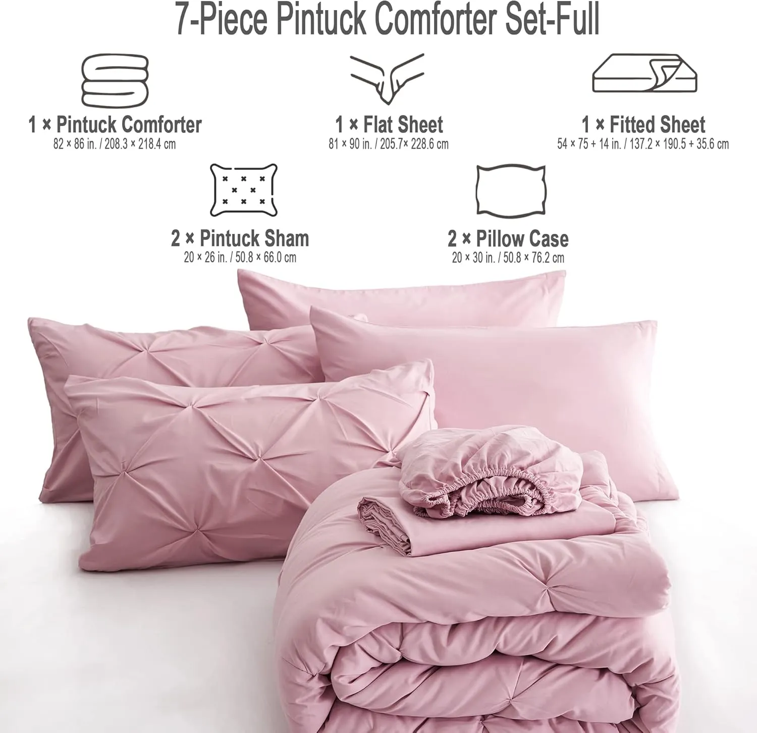Ubauba 7pc Full Size Comforter Sets with Sheets, Pinched Pleat 7 Piece Bed in a Bag Blush Bed Set with Comforter, Pintuck All Season Bedding Sets (Pink,Full)