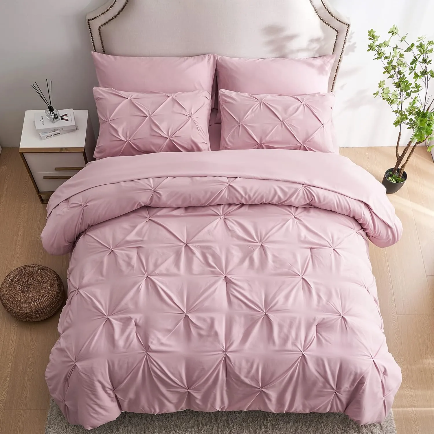 Ubauba 7pc Full Size Comforter Sets with Sheets, Pinched Pleat 7 Piece Bed in a Bag Blush Bed Set with Comforter, Pintuck All Season Bedding Sets (Pink,Full)