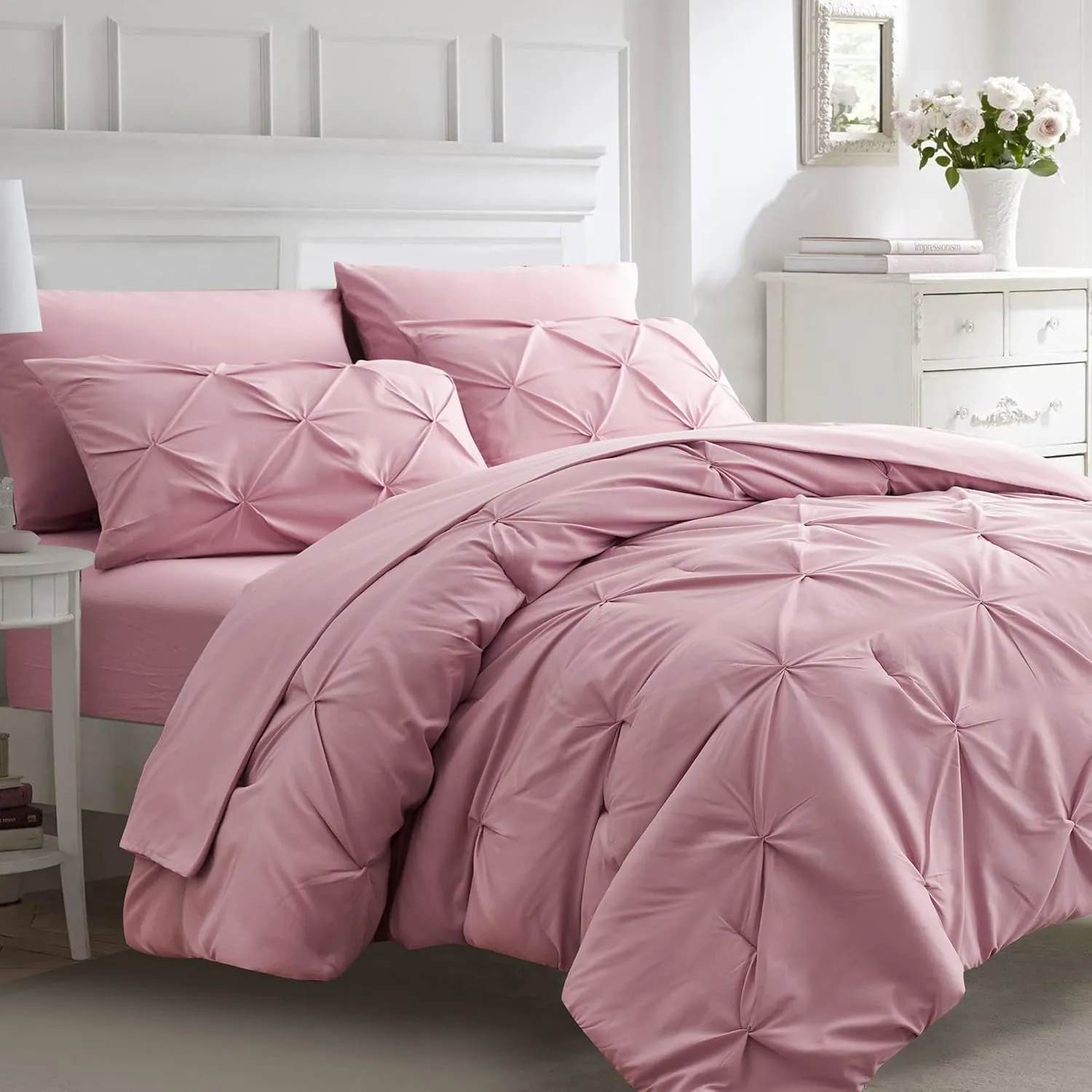 Ubauba 7pc Full Size Comforter Sets with Sheets, Pinched Pleat 7 Piece Bed in a Bag Blush Bed Set with Comforter, Pintuck All Season Bedding Sets (Pink,Full)
