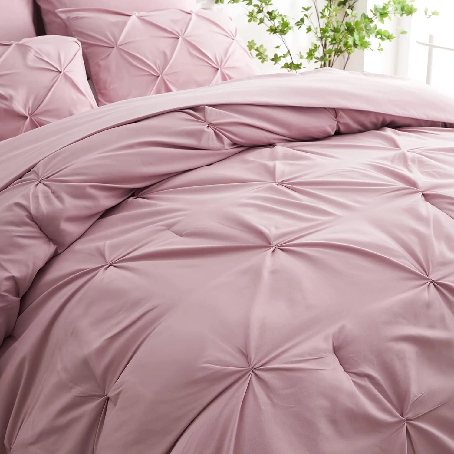 Ubauba 7pc Full Size Comforter Sets with Sheets, Pinched Pleat 7 Piece Bed in a Bag Blush Bed Set with Comforter, Pintuck All Season Bedding Sets (Pink,Full)