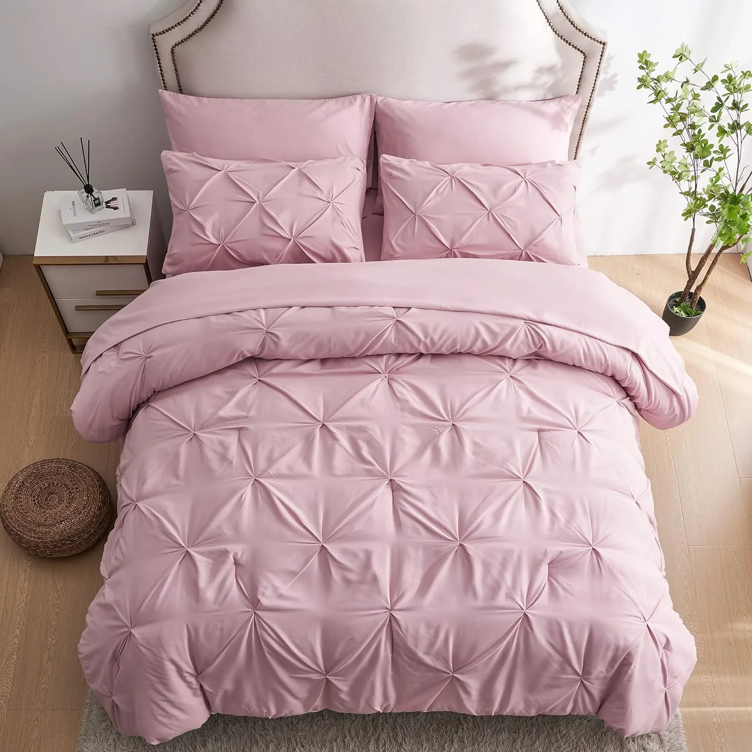 Ubauba 7pc Pink Queen Comforter Set, Pintuck Bed in a Bag Blush Bed Set with Comforters and Sheets 7 Piece, All Season Pinched Bedding Sets for Women (Pink,Queen Size)