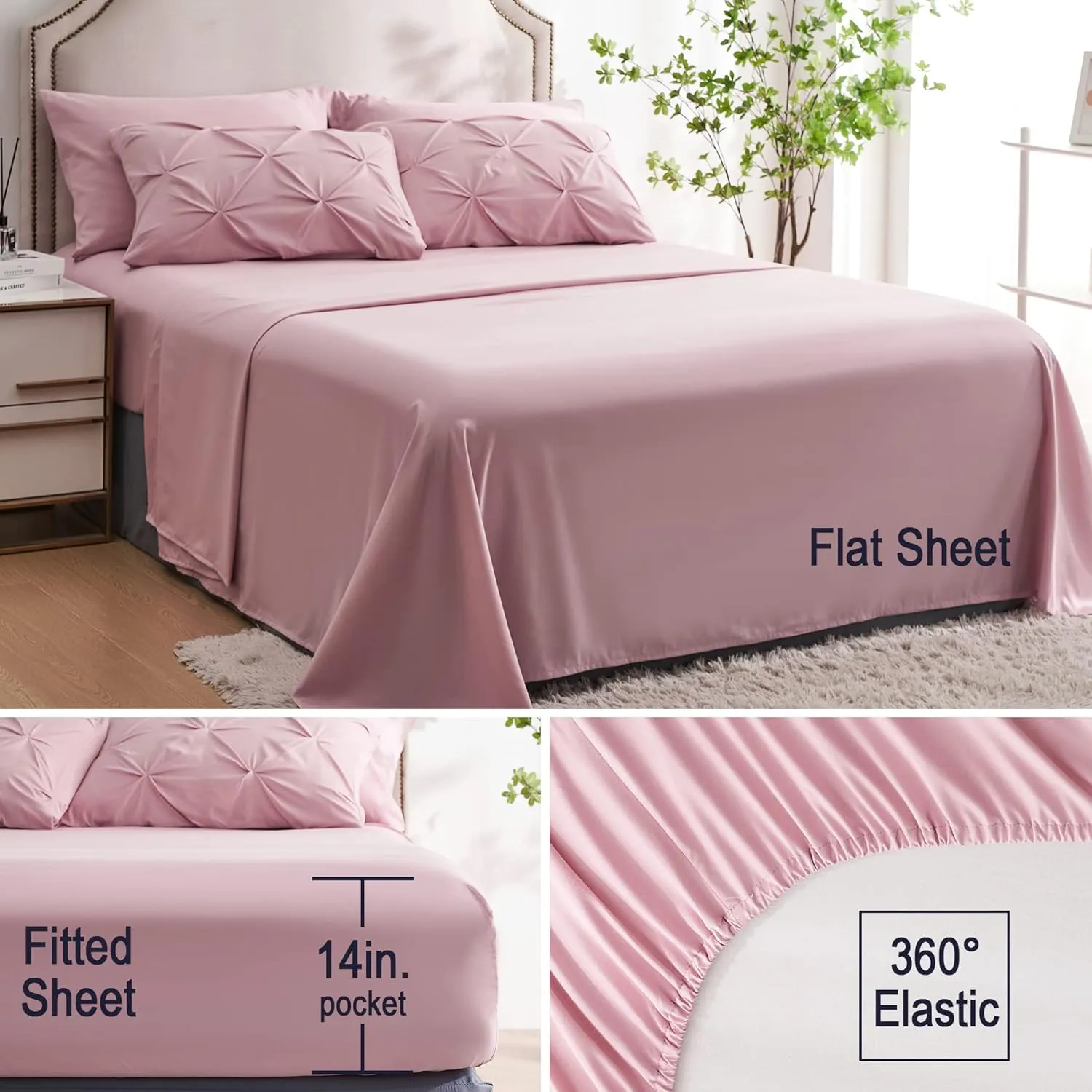 Ubauba 7pc Pink Queen Comforter Set, Pintuck Bed in a Bag Blush Bed Set with Comforters and Sheets 7 Piece, All Season Pinched Bedding Sets for Women (Pink,Queen Size)
