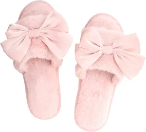 Ultra Soft Plush Luxury Indoor House Slippers Blush Pink Bow Large
