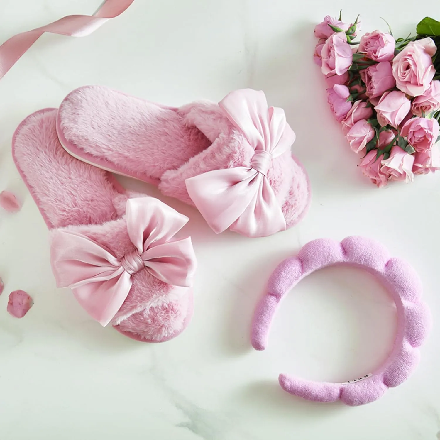Ultra Soft Plush Luxury Indoor House Slippers Blush Pink Bow Large