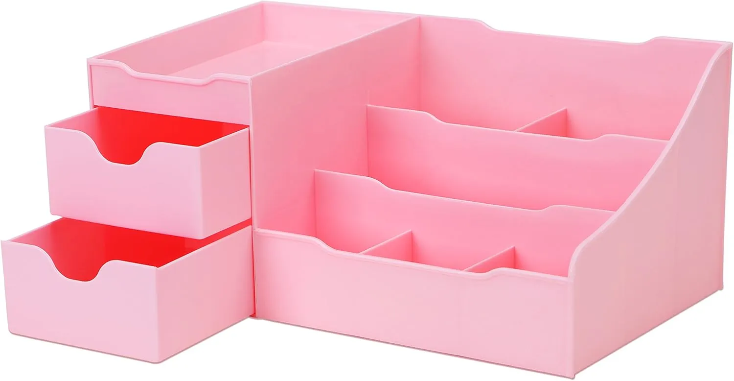 Uncluttered Designs Makeup Organizer With Drawers - Cute Kawaii Countertop Storage for Cosmetics, Pretty Vanity Holder for Perfume, Skincare, Brush, Lipstick, Nail Polish and other Accessories (Pink)