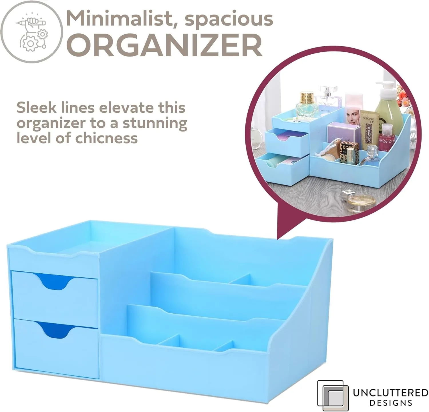 Uncluttered Designs Makeup Organizer With Drawers - Modern Countertop Storage for Cosmetics - Chic Vanity Holder for Cologne, Skincare, Brush, Lipstick, Nail Polish Organization & Display (Blue)