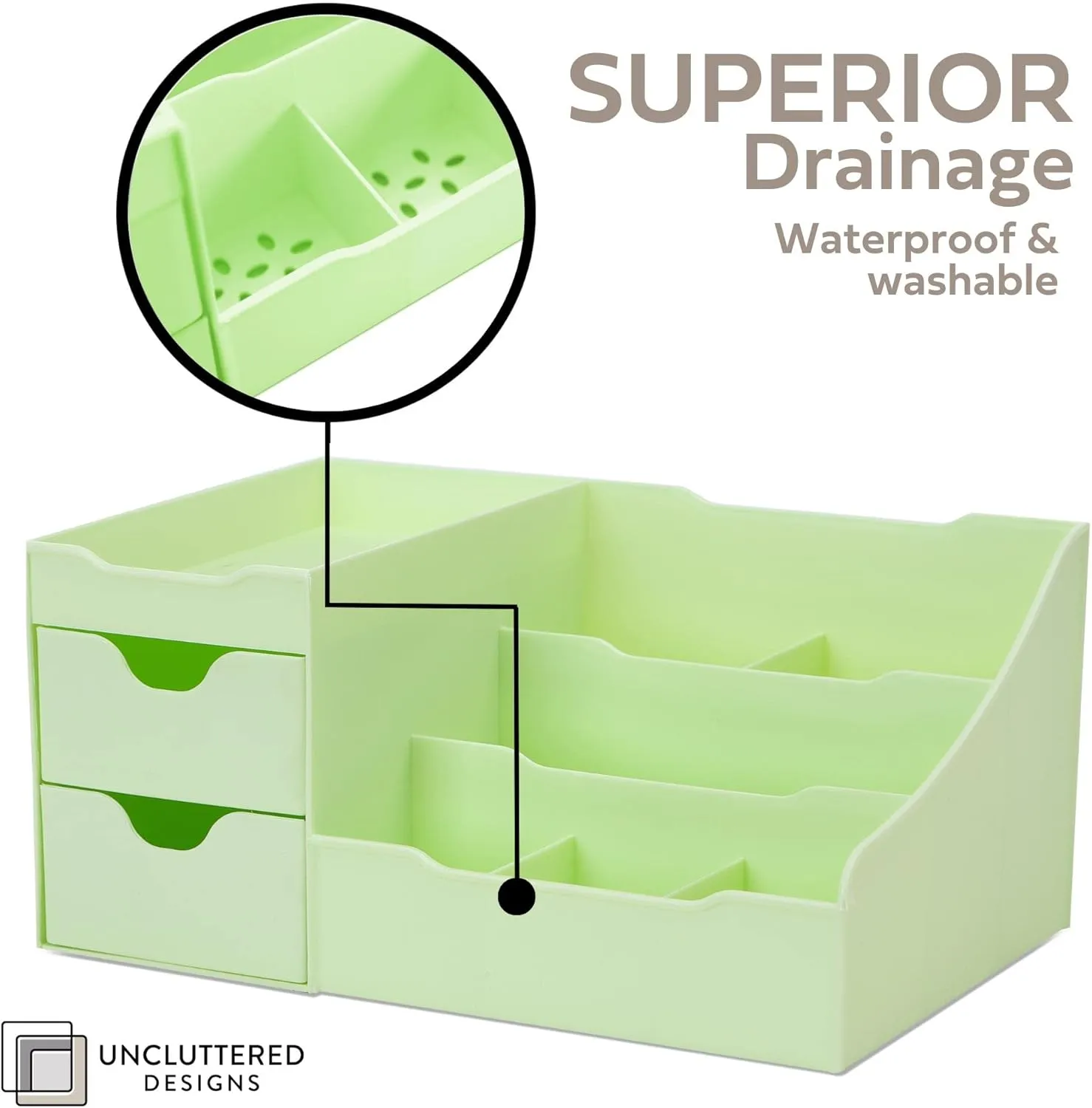 Uncluttered Designs Makeup Organizer With Drawers - Modern Countertop Storage for Cosmetics - Chic Vanity Holder for Perfume, Skincare, Brush, Lipstick, Nail Polish Organization & Display (Green)
