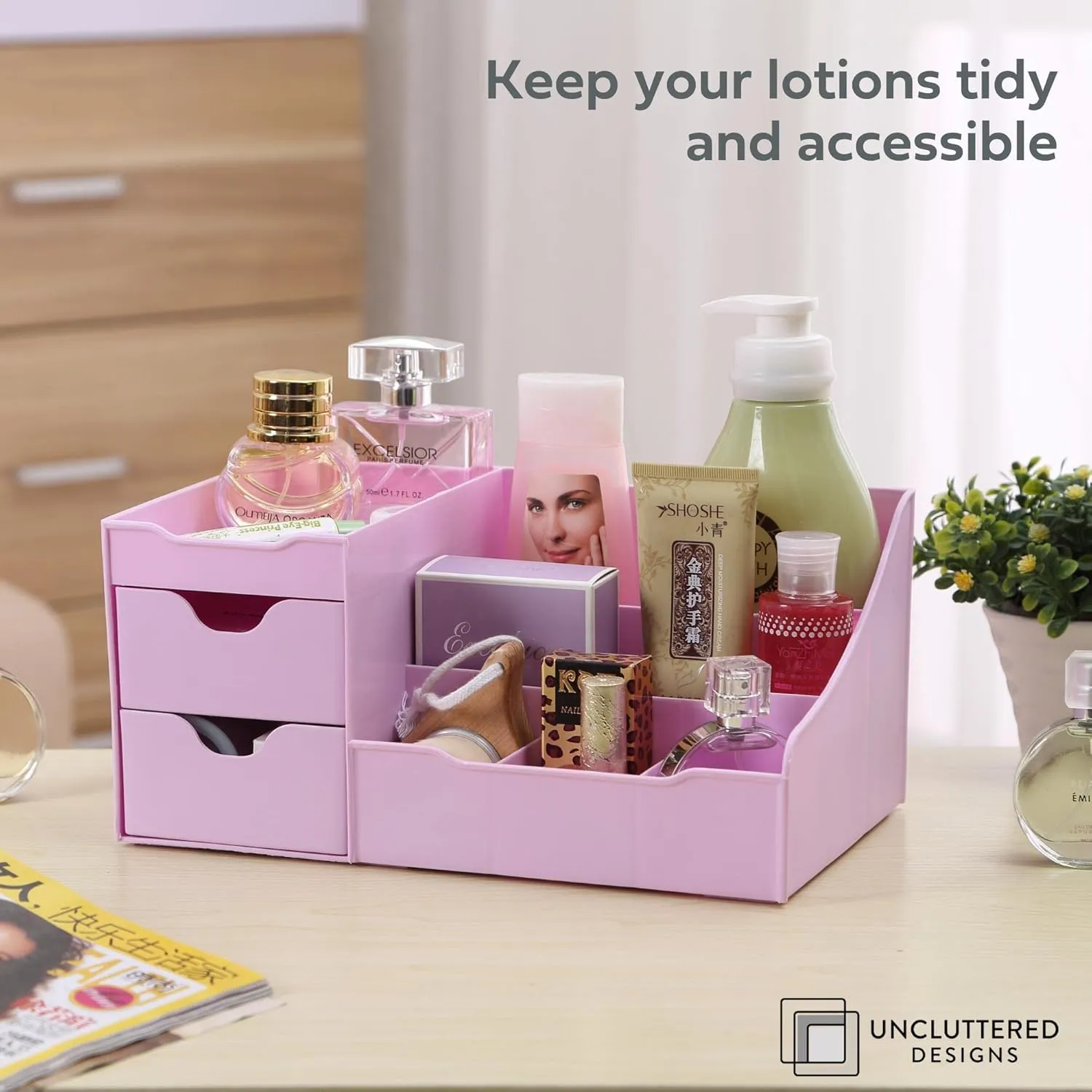 Uncluttered Designs Makeup Organizer With Drawers - Modern Countertop Storage for Cosmetics - Chic Vanity Holder for Perfume, Skincare, Brush, Lipstick, Nail Polish Organization & Display (Purple)