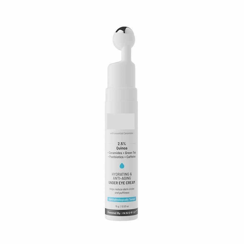 Under Eye Cream with 2% Revital Eye & Quinoa Extract | For Reducing Dark Circles, Puffiness, Wrinkles, Crows Feet | Lightweight, Hydrating | 100% Vegan | Cooling Gel & Roller for Men & Women | 15 g