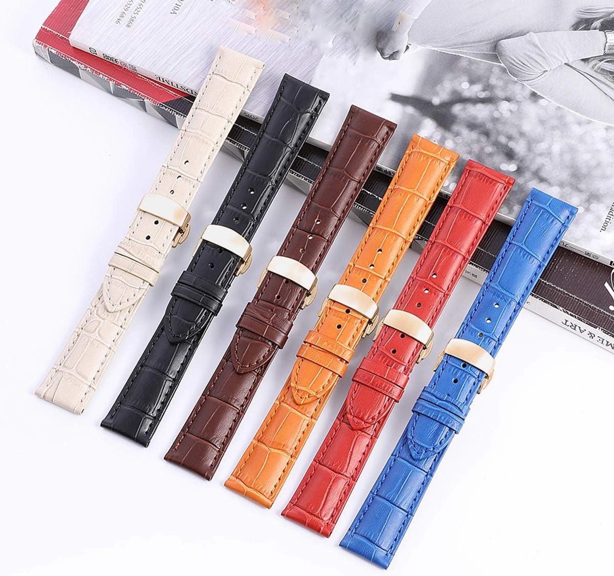 Universal Strap,Watch Bands Watch Strap Calf Leather Bracelet 14mm 16mm 18mm 20mm 22mm Belt Rose Gold Deployment Buckle