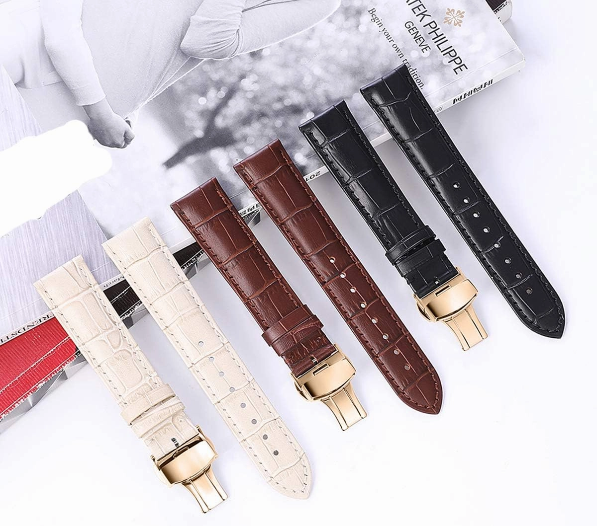 Universal Strap,Watch Bands Watch Strap Calf Leather Bracelet 14mm 16mm 18mm 20mm 22mm Belt Rose Gold Deployment Buckle