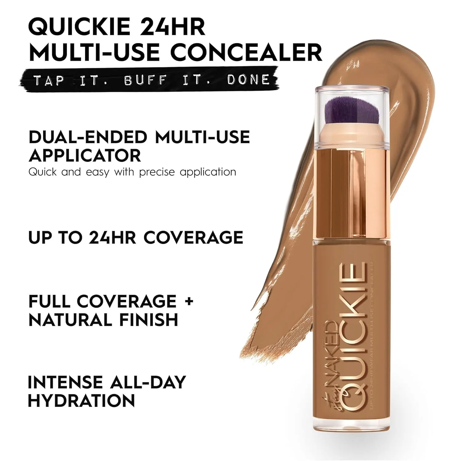 Urban Decay Quickie 24HR Full Coverage Waterproof Concealer, Natural Matte Finish, Hydrating Vitamin E, Dual-ended Buffing Brush & Multi-use Applicator, Noncomedogenic, Vegan, Cruelty-free - 0.5 fl oz