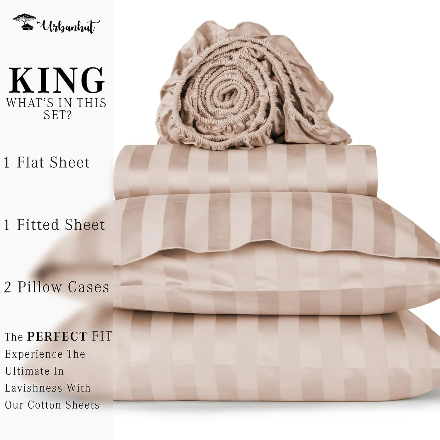 URBANHUT 800 Thread Count Egyptian Cotton Damask Striped King Size Sheets Set (4 Pc) - Ultra Soft & Smooth, Sateen Weave King Size Sheets, Luxury Hotel Sheets with 16" Deep Pocket - Blush Pink