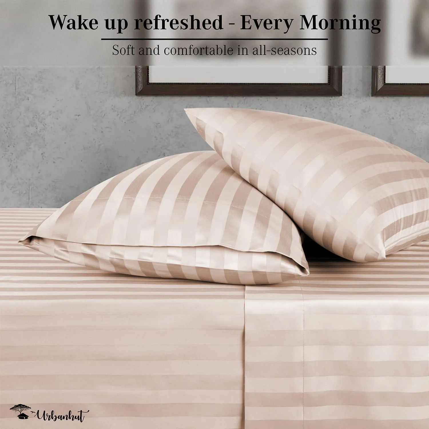 URBANHUT 800 Thread Count Egyptian Cotton Damask Striped King Size Sheets Set (4 Pc) - Ultra Soft & Smooth, Sateen Weave King Size Sheets, Luxury Hotel Sheets with 16" Deep Pocket - Blush Pink
