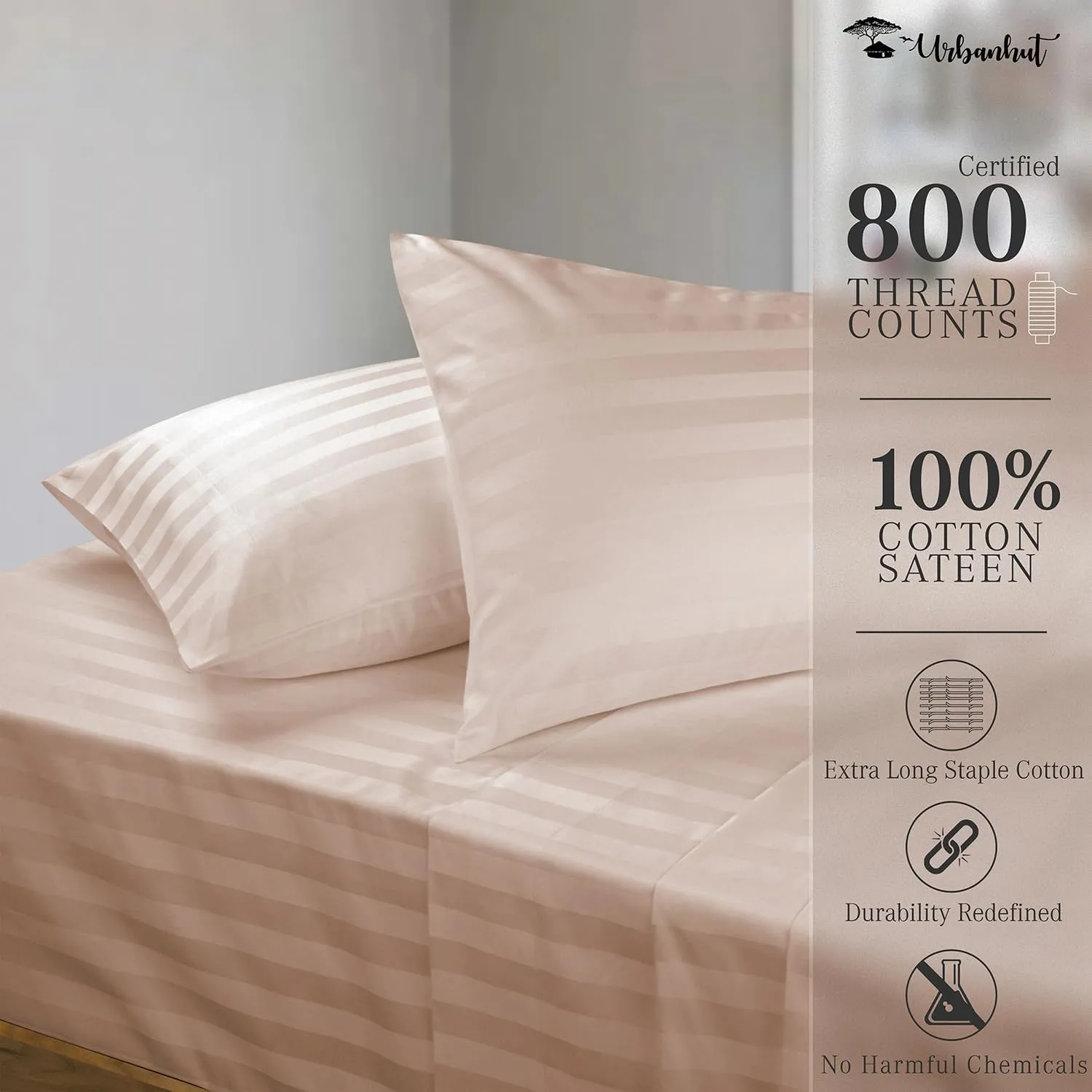 URBANHUT 800 Thread Count Egyptian Cotton Damask Striped King Size Sheets Set (4 Pc) - Ultra Soft & Smooth, Sateen Weave King Size Sheets, Luxury Hotel Sheets with 16" Deep Pocket - Blush Pink