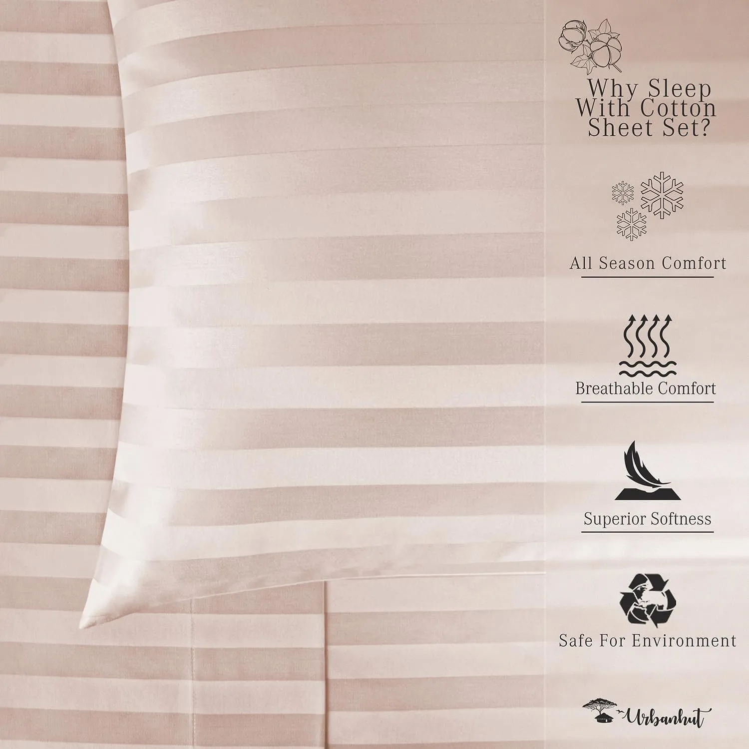 URBANHUT 800 Thread Count Egyptian Cotton Damask Striped King Size Sheets Set (4 Pc) - Ultra Soft & Smooth, Sateen Weave King Size Sheets, Luxury Hotel Sheets with 16" Deep Pocket - Blush Pink