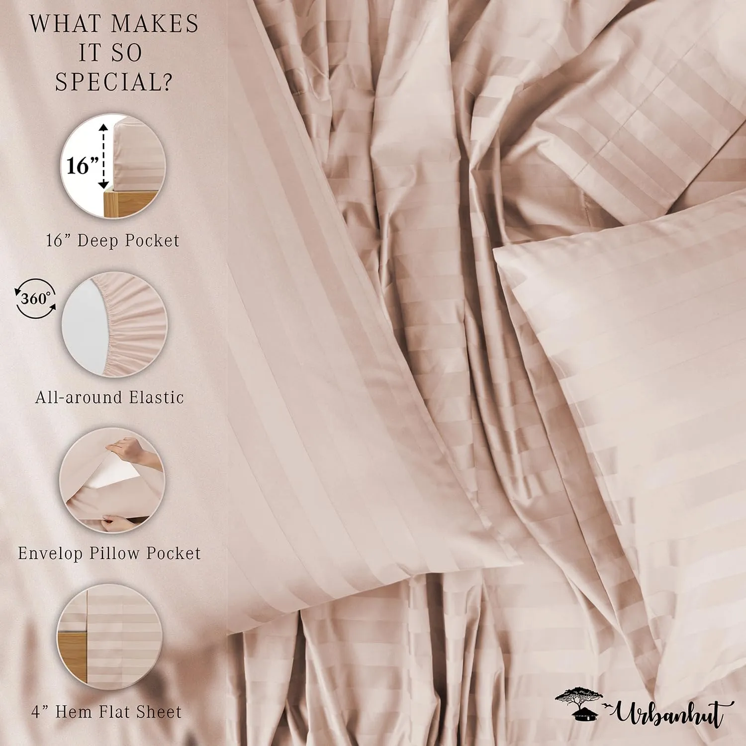 URBANHUT 800 Thread Count Egyptian Cotton Damask Striped King Size Sheets Set (4 Pc) - Ultra Soft & Smooth, Sateen Weave King Size Sheets, Luxury Hotel Sheets with 16" Deep Pocket - Blush Pink