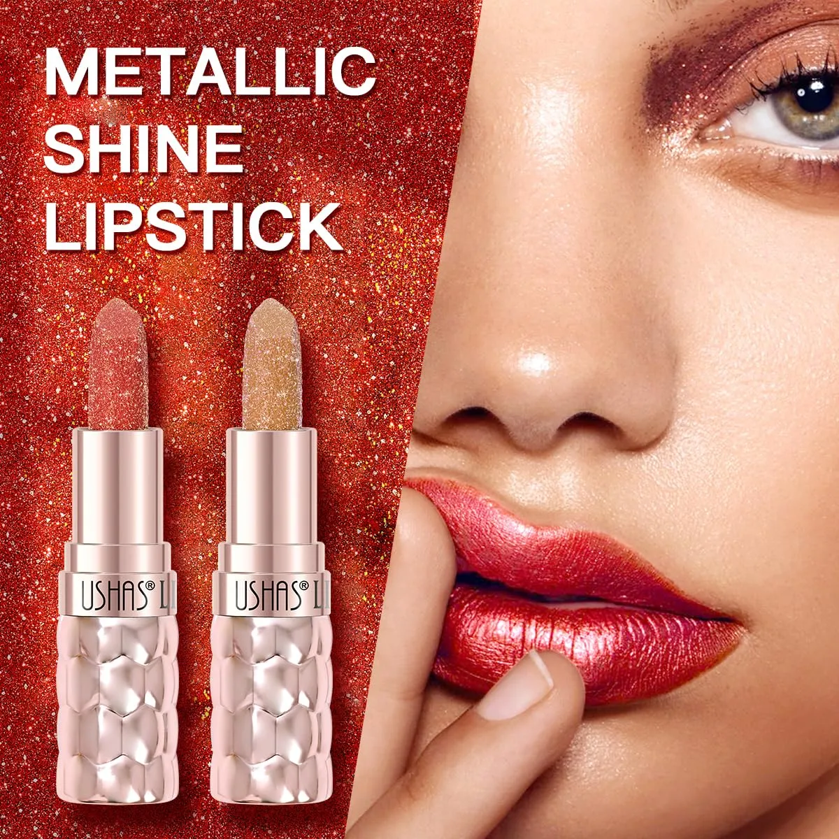 USHAS 6pc Diamond Shimmer Lipstick Set - Dark Red Pink Purple Mauve Glitter Sparkly Glossy Metallic Sparkle Waterproof Lipstick for Women (6 Count (01-06), Pack of 1)