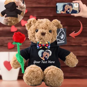 Valentine Gifts for Him/Her Personalized Teddy Bear with Photo  Custom Text, Valentine Plush Teddy Bear with Rose & Bow as Im Sorry Gifts for Her/Him on Valentine/Anniversary (11 in-Hoodie-Black)