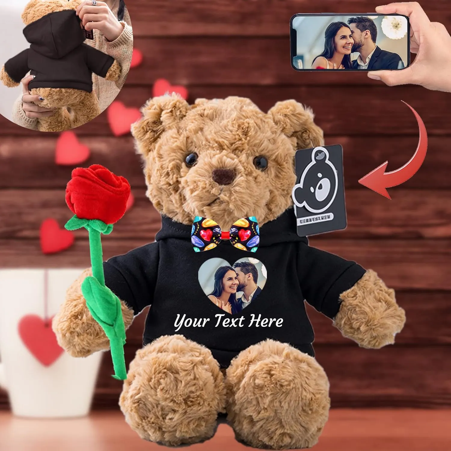 Valentine Gifts for Him/Her Personalized Teddy Bear with Photo  Custom Text, Valentine Plush Teddy Bear with Rose & Bow as Im Sorry Gifts for Her/Him on Valentine/Anniversary (11 in-Hoodie-Black)