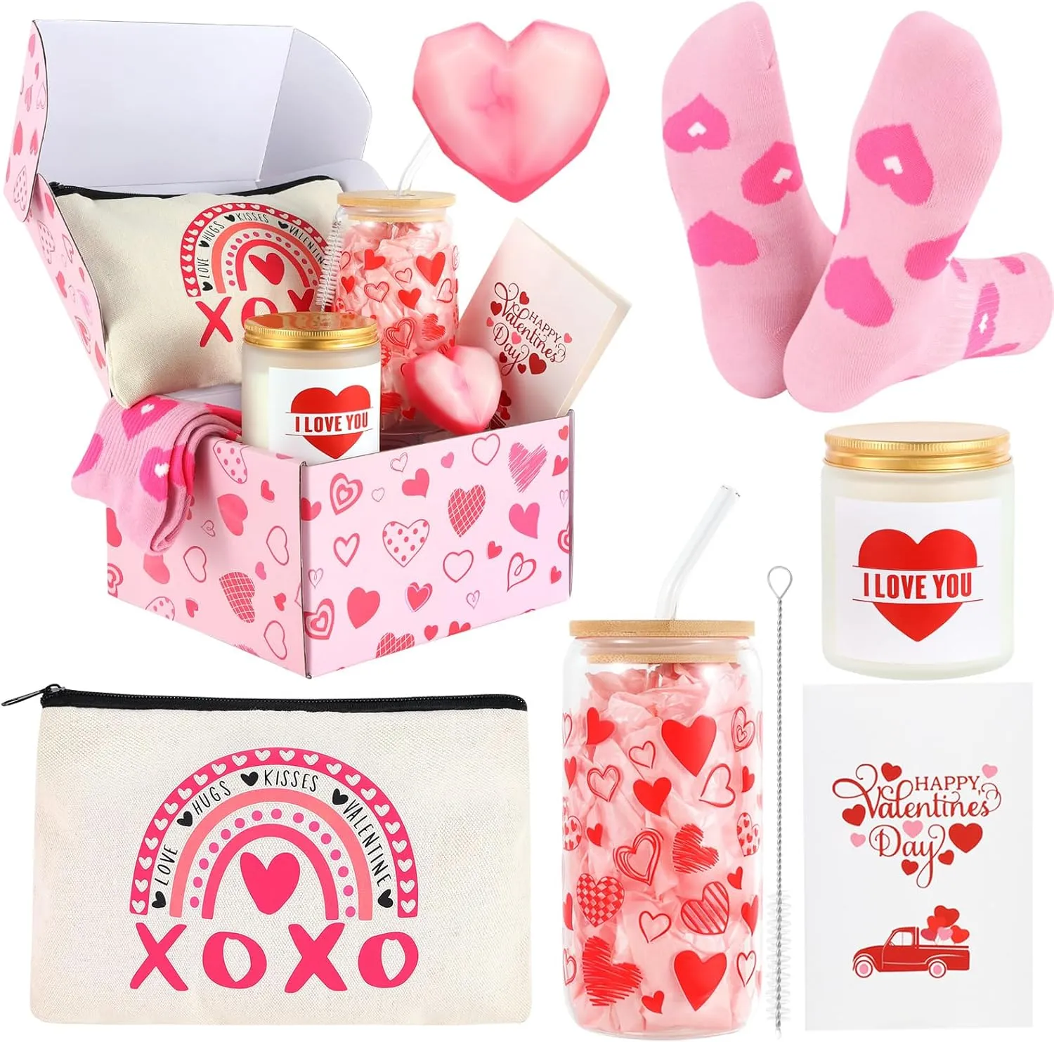 Valentines Day Gifts for Her Women I Love You Gifts for Her Romantic Gifts for Girlfriend from Boyfriend Wife Anniversary Birthday Gifts from Husband included Glass Cup Makeup Bag Candle Socks Soap