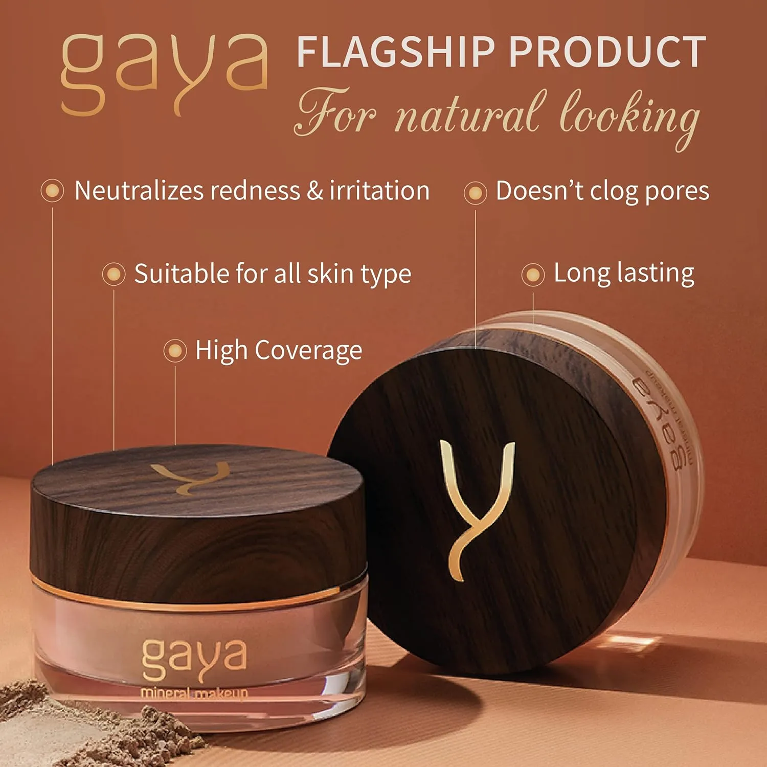 Vegan Mineral Powder Foundation Light to Full Coverage, Natural Foundation for Natural-Looking, Mica Mineral Foundation, Cruelty Free, No Chemicals by Gaya Cosmetics (MF3)