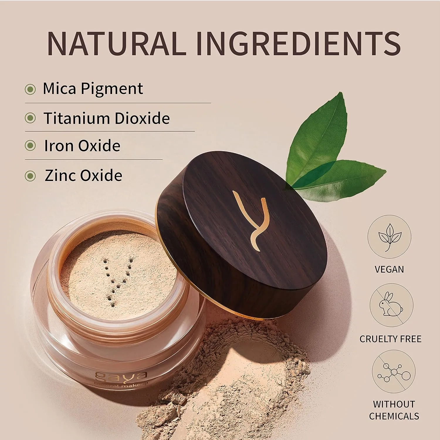 Vegan Mineral Powder Foundation Light to Full Coverage, Natural Foundation for Natural-Looking, Mica Mineral Foundation, Cruelty Free, No Chemicals by Gaya Cosmetics (MF3)