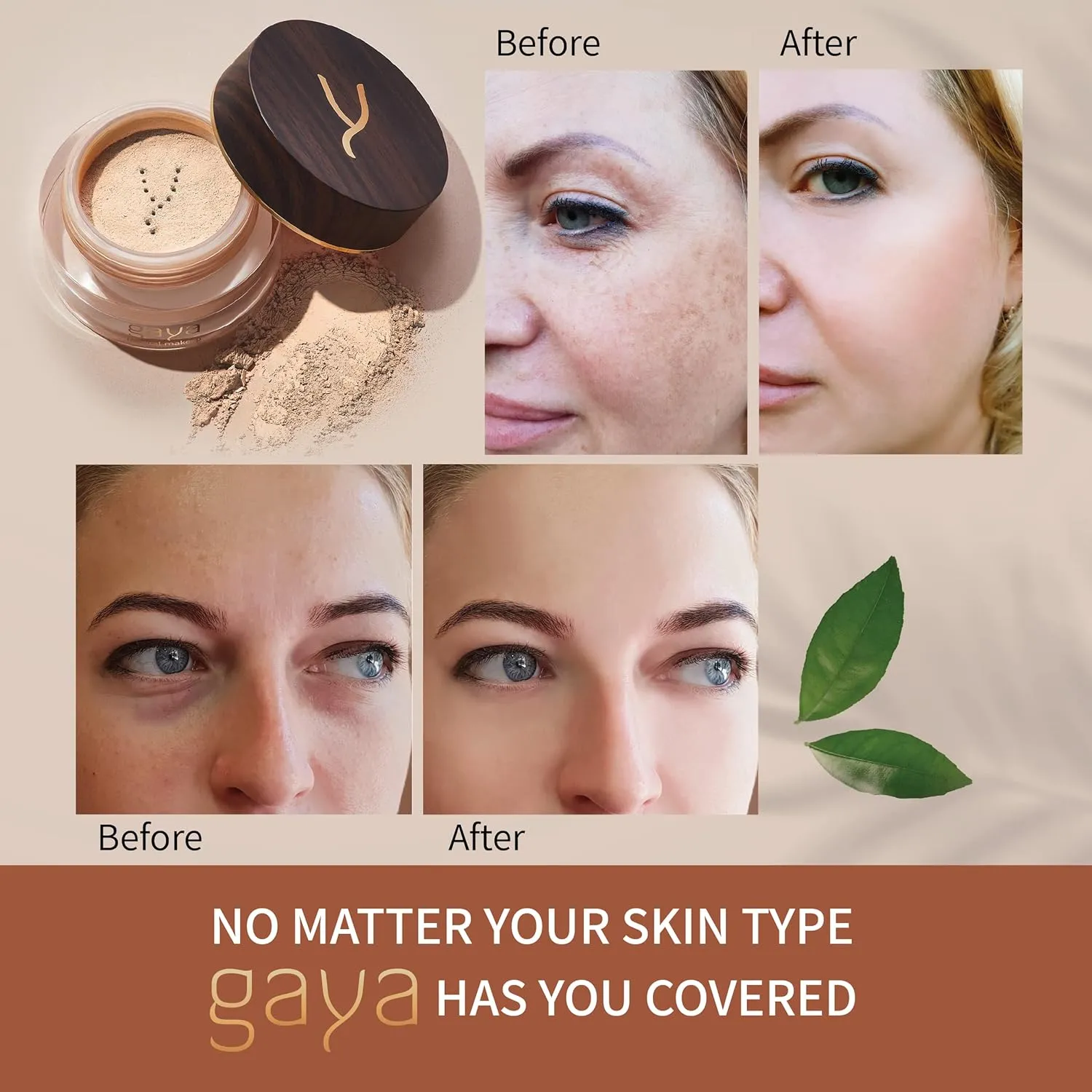 Vegan Mineral Powder Foundation Light to Full Coverage, Natural Foundation for Natural-Looking, Mica Mineral Foundation, Cruelty Free, No Chemicals by Gaya Cosmetics (MF3)
