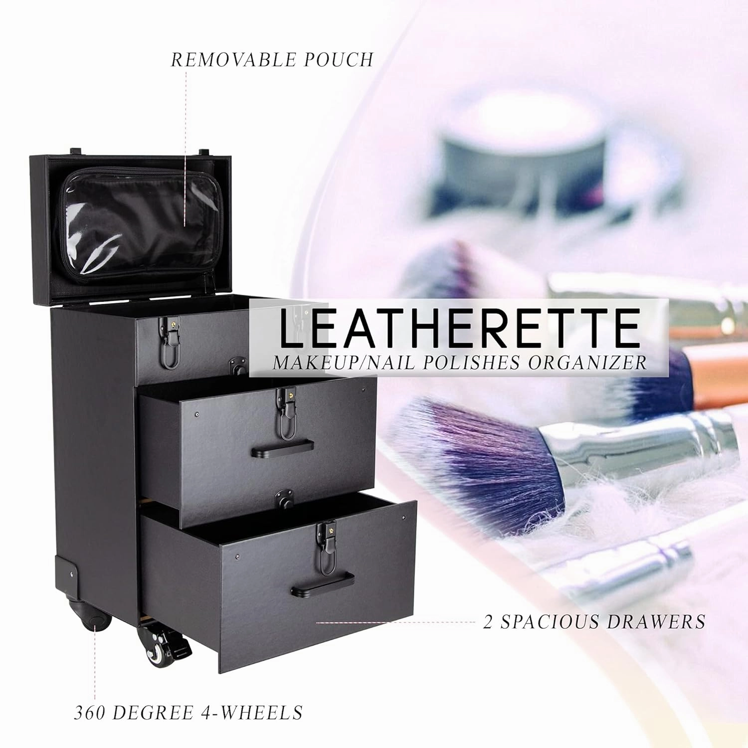 Ver Beauty Rolling Makeup Trolley Salon Cosmetic Hair Stylist and Professional Nail Artist Train Case Hairdressing Organizer Box 360° Swivel Wheels Faux Leather, Black
