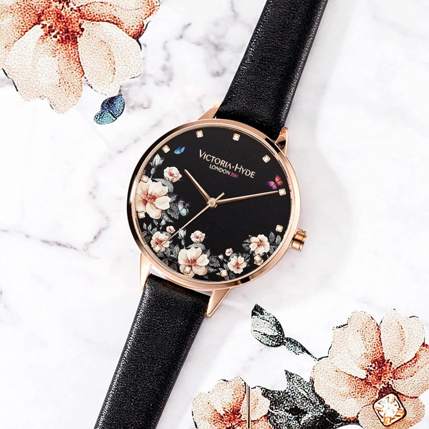 VICTORIA HYDE Quartz Watches for Women Floral Dial with Stainless Steel Mesh Band Genuine Leather Strap Waterproof Ladies Wristwatch
