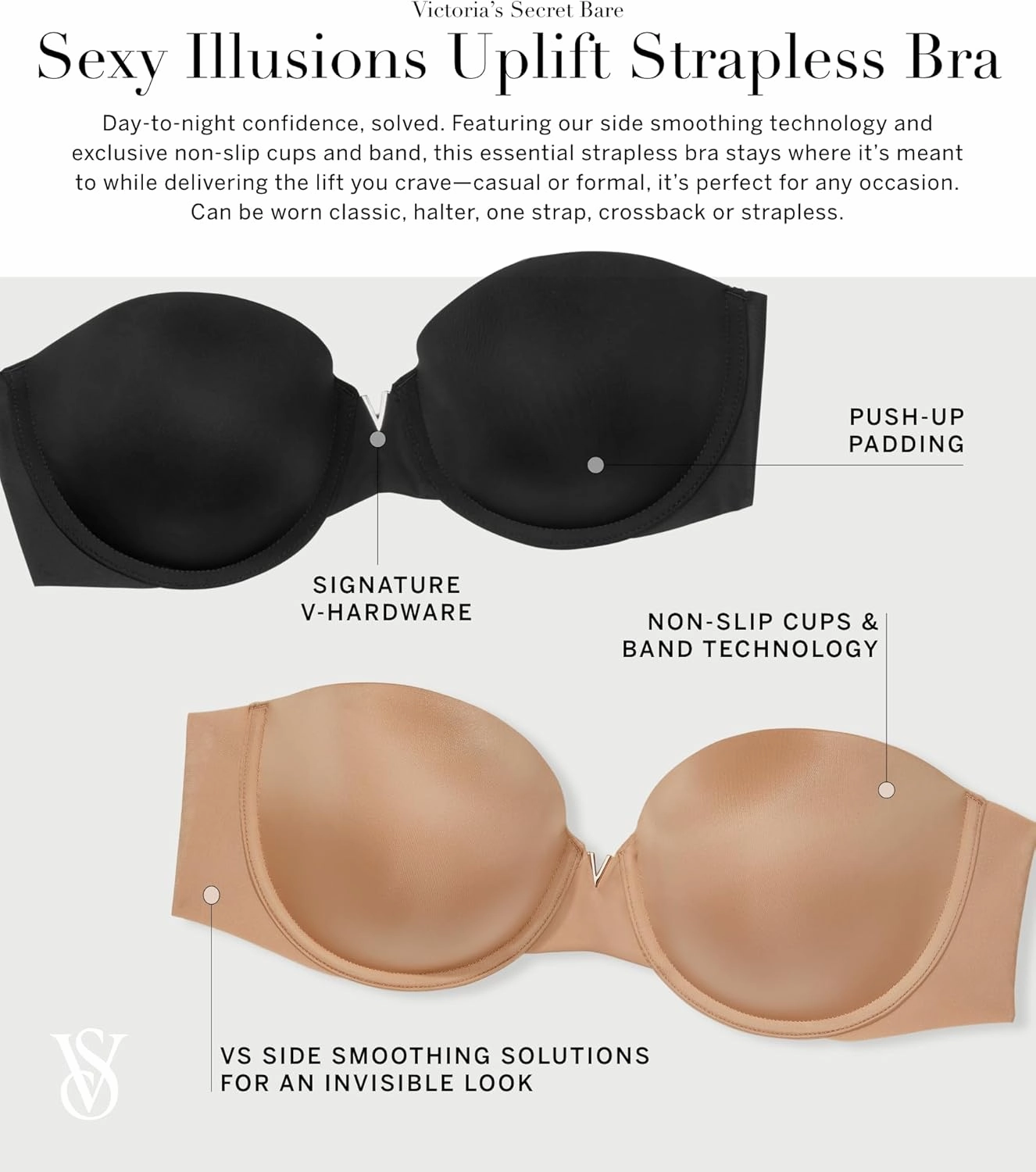 Victoria's Secret Women's Bare Push Up Strapless Bra, Bras for Women (32A-38DDD)