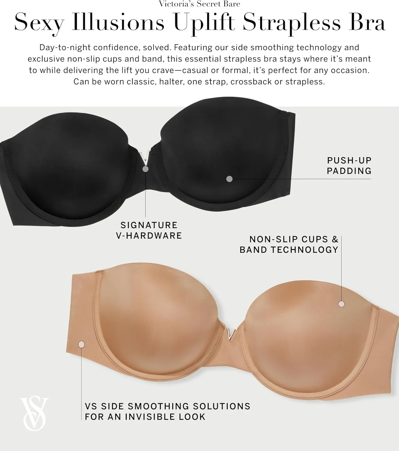 Victoria's Secret Women's Bare Push Up Strapless Bra, Bras for Women (32A-38DDD)