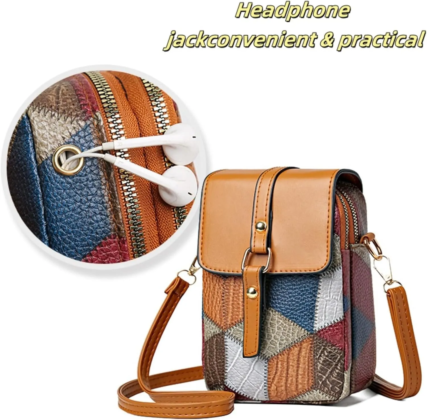 Vintage Crossbody Phone Bag for Women, crossbody bags for women Leather Shoulder Purse and Handbag with Earphone Hole