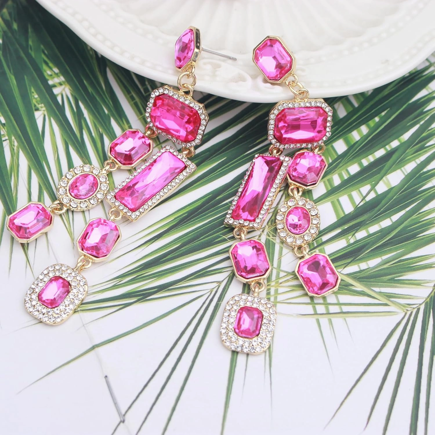 Vintage Rectangle Teardrop Chandelier Earrings, Art Deco Wedding Austrian Crystal Drop Dangle Earrings for Women Party Prom