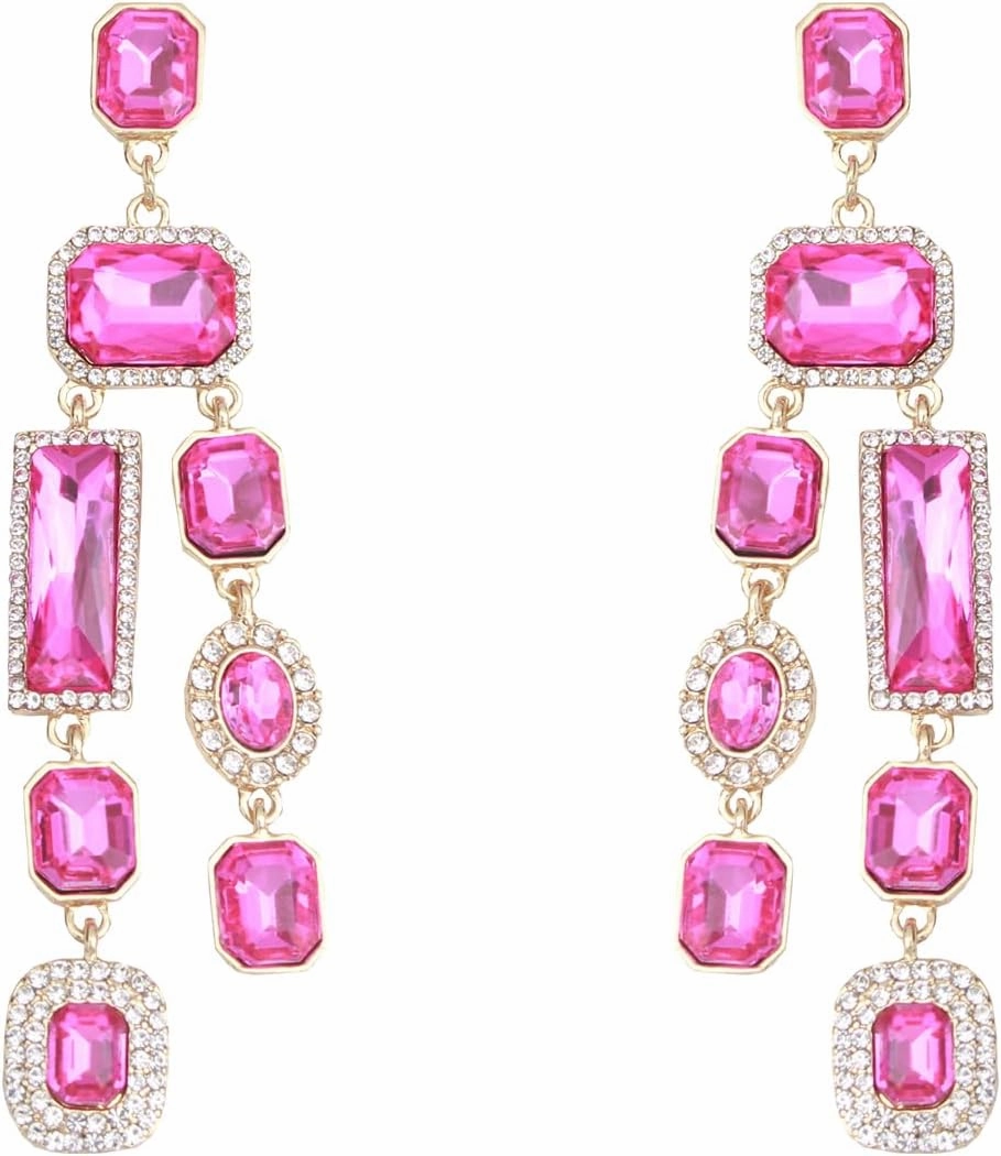 Vintage Rectangle Teardrop Chandelier Earrings, Art Deco Wedding Austrian Crystal Drop Dangle Earrings for Women Party Prom