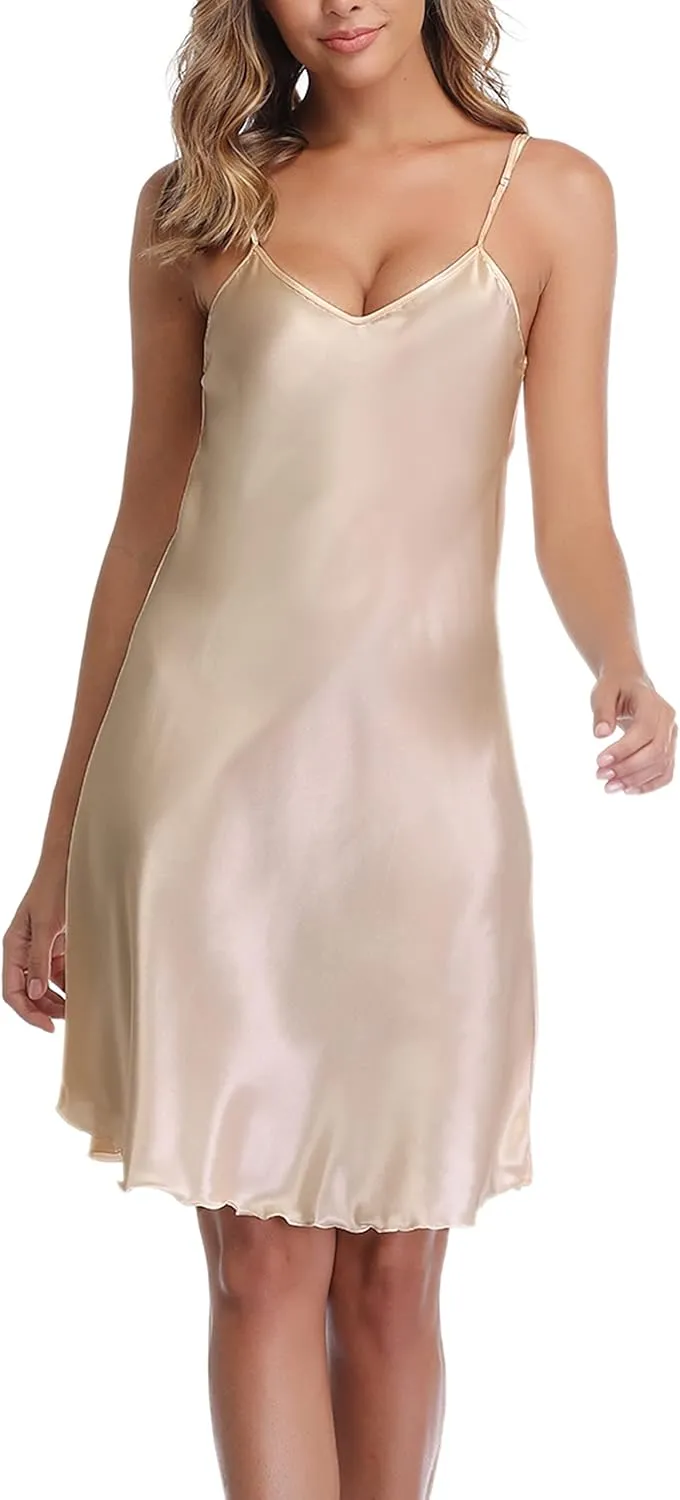 Vlazom Women Sexy Lingerie Satin Nightgown Silk Chemise Mini Slips V Neck Negligee Sleepwear with Adjustable Straps