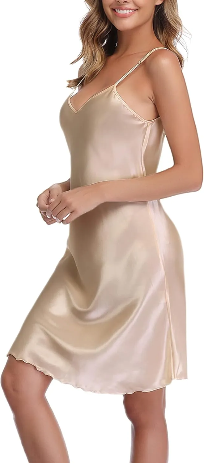 Vlazom Women Sexy Lingerie Satin Nightgown Silk Chemise Mini Slips V Neck Negligee Sleepwear with Adjustable Straps