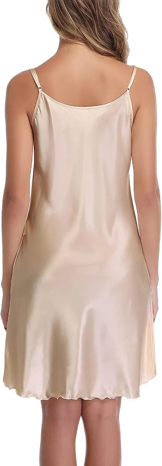 Vlazom Women Sexy Lingerie Satin Nightgown Silk Chemise Mini Slips V Neck Negligee Sleepwear with Adjustable Straps