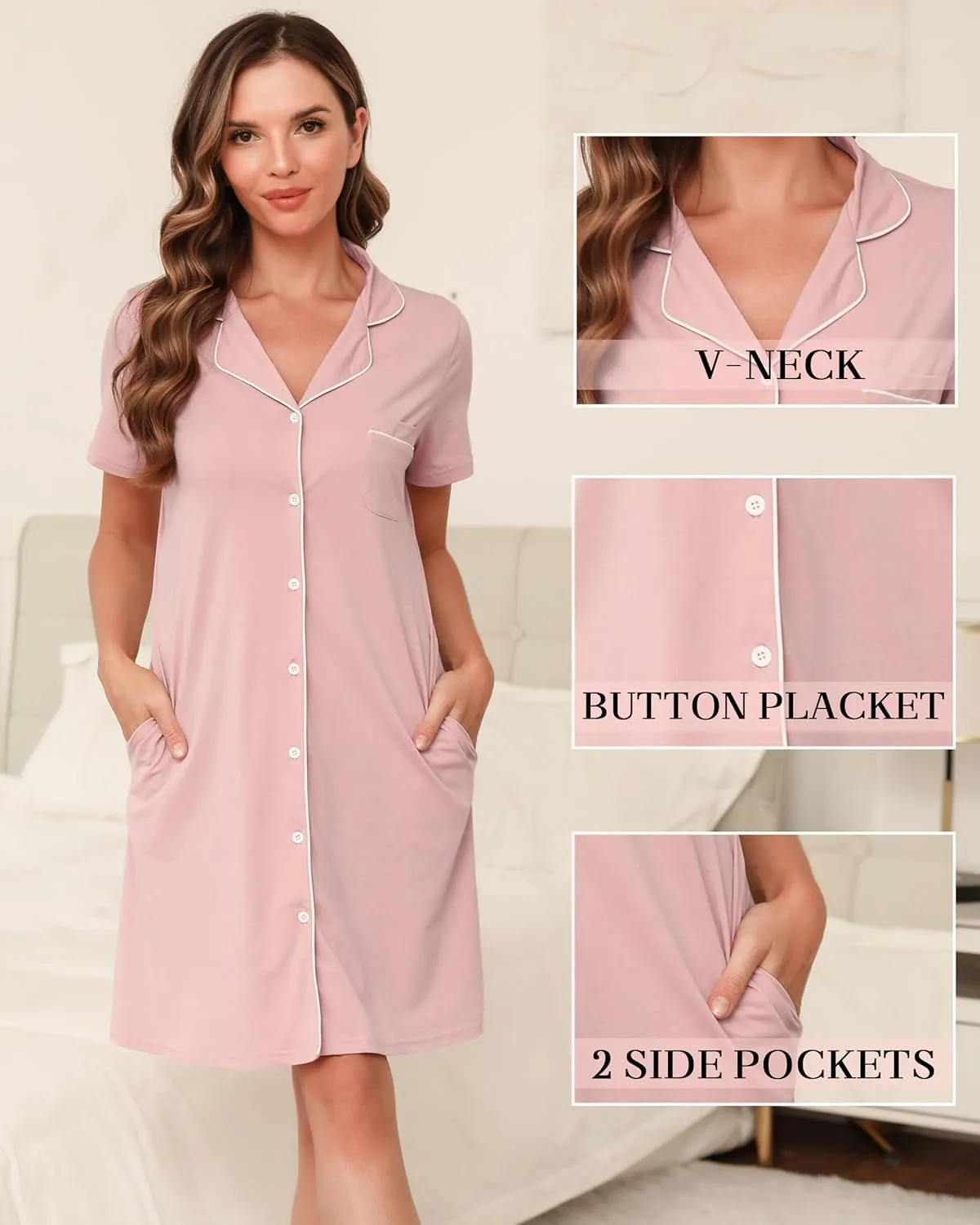 Vlazom Women's Nightgowns Short Sleeve Sleep Shirts Nightshirt V Neck Button Down Pajama Sleepwear S-XXL
