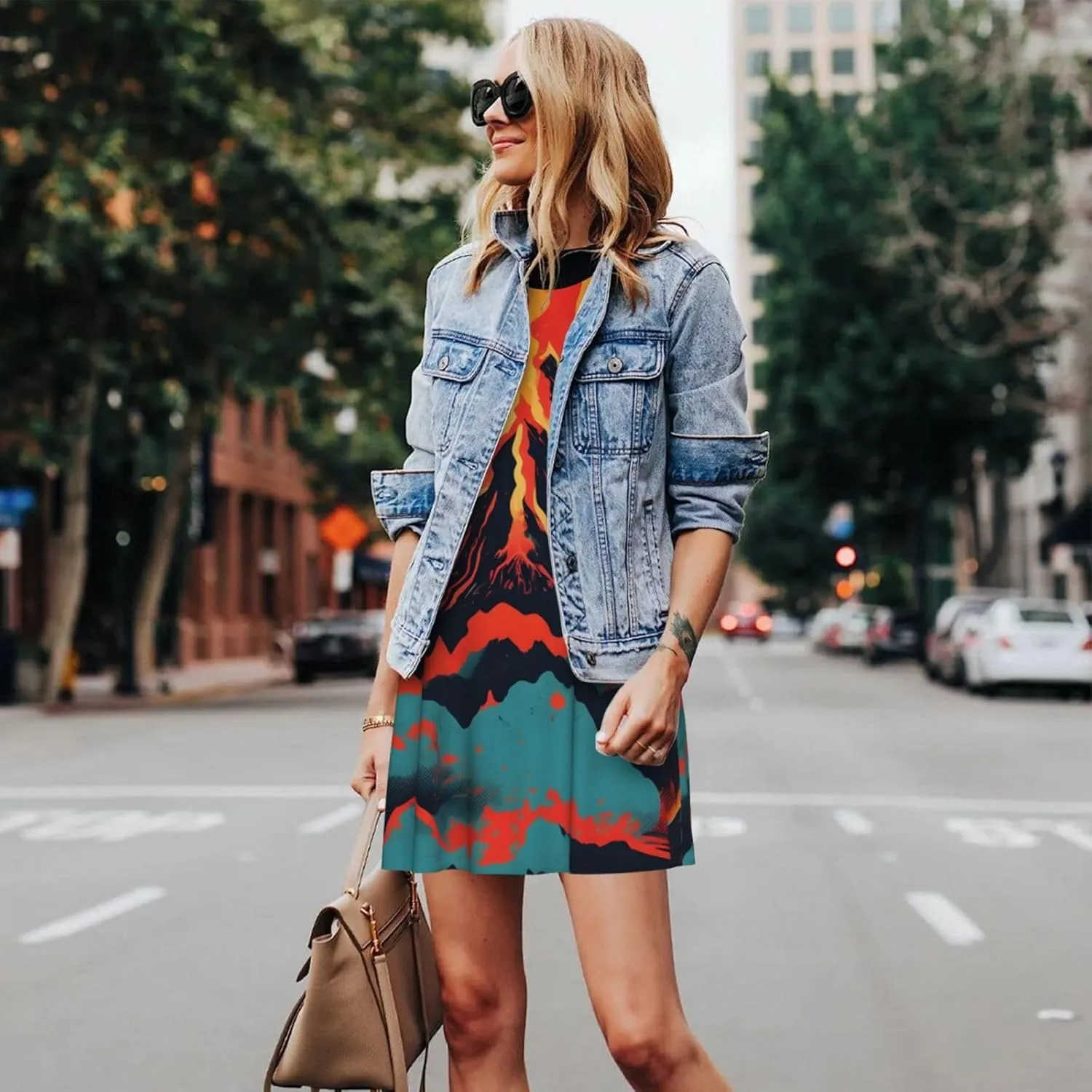 Volcano Print Boho Dress for Women Sleeveless Crew Neck Summer Women's Casual Loose Dress Assorted Size