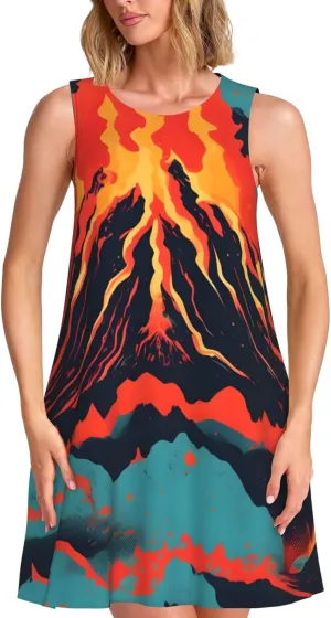 Volcano Print Boho Dress for Women Sleeveless Crew Neck Summer Women's Casual Loose Dress Assorted Size
