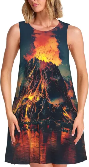 Volcano Print Boho Dress for Women Sleeveless Crew Neck Summer Women's Casual Loose Dress Assorted Size