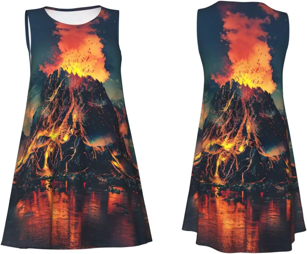 Volcano Print Boho Dress for Women Sleeveless Crew Neck Summer Women's Casual Loose Dress Assorted Size