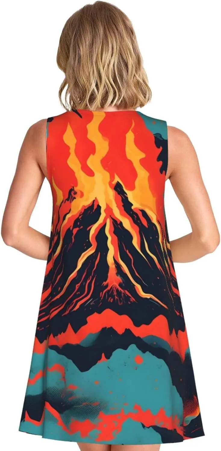 Volcano Print Boho Dress for Women Sleeveless Crew Neck Summer Women's Casual Loose Dress Assorted Size
